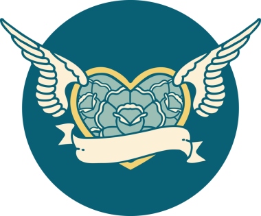 Bir insan tarafından çizilmiş çiçek ve bayrak ile uçan bir kalbin ikonik dövme görüntüsü