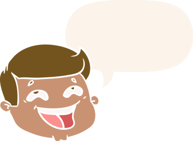 Bir insan tarafından çizilmiş eski tarz konuşma baloncuğu olan mutlu erkek yüzü.