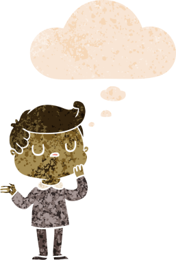 Düşünce baloncuğuyla gezen karikatürist bir insan tarafından çizilmiş dertli retro stili.