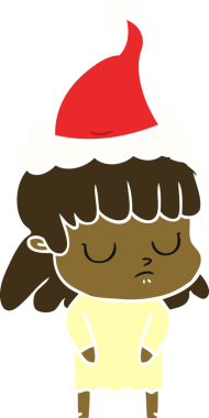 Bir insan tarafından çizilmiş Noel Baba şapkası giyen kayıtsız bir kadının el çizimi düz renk çizimi.