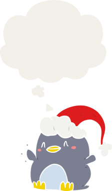 Bir insan tarafından çizilmiş, düşünce baloncuklu Noel şapkası takan penguen çizgi filmi.