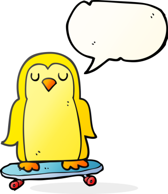 Bir insan tarafından kaykay üzerinde serbest konuşma balonu çizilmiş karikatür kuşu.