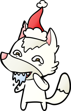 Bir insan tarafından çizilmiş Noel Baba şapkası giymiş aç bir kurdun el çizimi karikatürü.