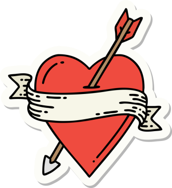 Bir insan tarafından çizilmiş ok kalp ve pankartın geleneksel stiliyle dövme çıkartması.