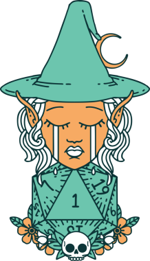 Retro Dövme Tarzı Ağlayan Elf Cadı Doğal bir D20 rulo ile Bir insan tarafından çizilmiş