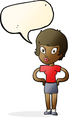 Bir insan tarafından çizilmiş konuşma balonlu elleri olan çizgi film kadını.