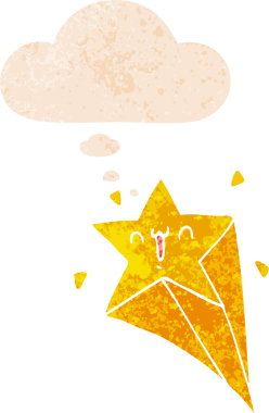 Düşünce baloncuğuyla kayan çizgi film yıldızının grunge 'deki sıkıntılı retro tarzı bir insan tarafından çizilmiş.