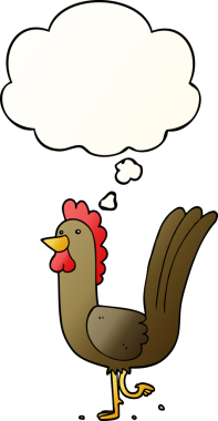 Düşünce baloncuğu olan çizgi film horozu, bir insan tarafından çizilmiş yumuşak eğimli stil.