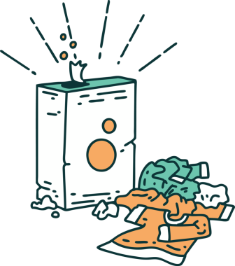 Geleneksel dövme stili deterjan ve bir insanın çizdiği elbise yığını.