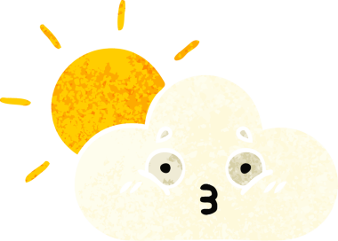 Bir insan tarafından çizilmiş güneş ışığı ve bulutun retro çizim tarzı karikatürü