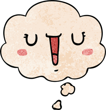 Bir insan tarafından çizilmiş grunge dokuma tarzında düşünce baloncuğu olan mutlu çizgi film yüzü