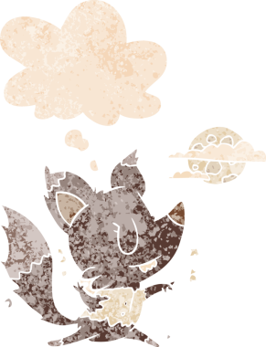 Ay ışığında değişen bir kurtadam çizgi filmi grunge 'daki düşünce baloncuğuyla bir insan tarafından çizilmiş desenli bir retro stil.