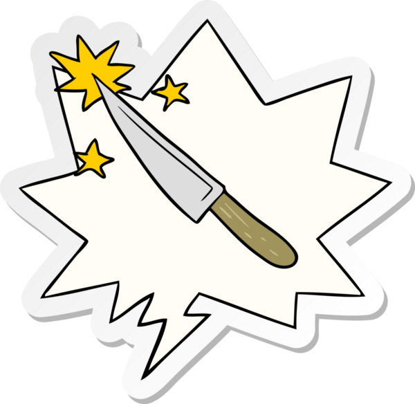 Bir insan tarafından çizilmiş konuşma kabarcığı etiketli, keskin bir mutfak bıçağı.