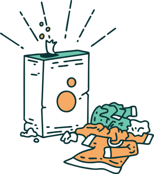 Geleneksel dövme stili deterjan ve bir insanın çizdiği elbise yığını.