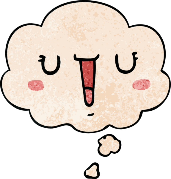 Bir insan tarafından çizilmiş grunge dokuma tarzında düşünce baloncuğu olan mutlu çizgi film yüzü