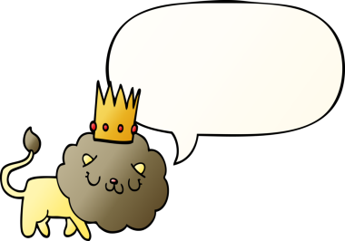 Karikatür aslanı ve konuşma baloncuğu bir insan tarafından çizilmiş düzgün eğimli bir dil.