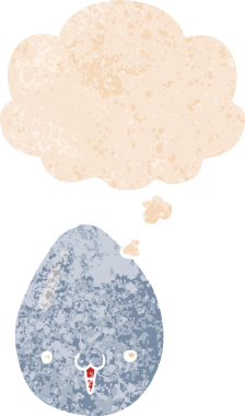 Düşünce baloncuklu çizgi film yumurtası grunge sıkıntılı retro tarzı bir insan tarafından çizilmiş.