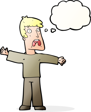 Bir insan tarafından çizilmiş düşünce baloncuğu olan korkmuş bir adam.