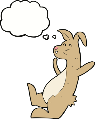 Bir insan tarafından çizilmiş düşünce baloncuklu çizgi film tavşanı