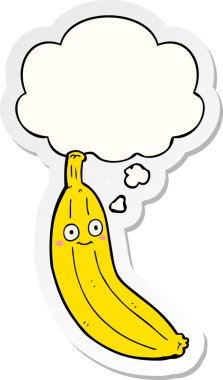 Düşünce baloncuklu çizgi film muzu insan tarafından çizilmiş bir çıkartma.