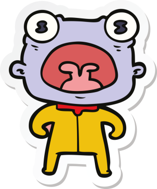 Çizgi film çıkartması. Bir insan tarafından çizilmiş garip uzaylı bağırması.