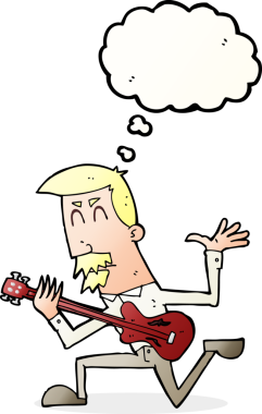 Bir insan tarafından çizilmiş düşünce baloncuğuyla elektro gitar çalan bir çizgi film adamı.