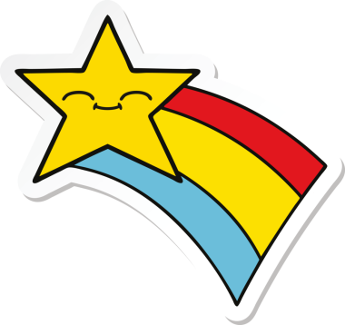 Bir insan tarafından çizilmiş gökkuşağı yıldızı resimli şirin bir çizgi film çıkartması.