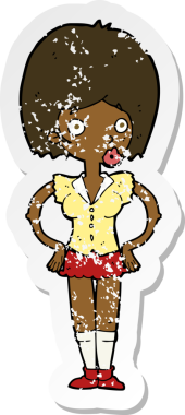 Bir insan tarafından çizilmiş kalçasında elleri olan bir karikatür kadının gerilmiş çıkartması.