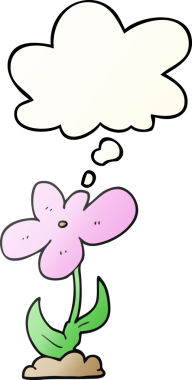 Düşünce baloncuğu olan karikatür çiçeği bir insan tarafından çizilmiş.