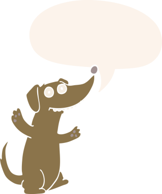 Konuşma baloncuğu olan bir insan tarafından çizilmiş bir çizgi film köpeği.