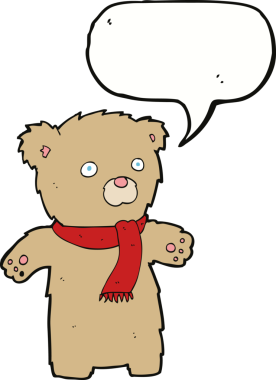 Bir insan tarafından çizilmiş konuşma balonlu oyuncak ayı.