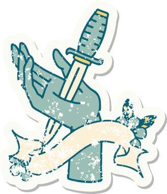 Bir insan tarafından çizilmiş bir hançerin bayrağını taşıyan eski bir etiket.