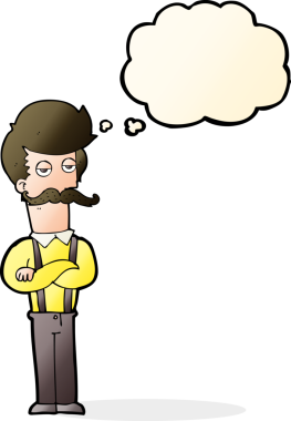 Bir insan tarafından çizilmiş düşünce baloncuklu bıyıklı çizgi film adamı.