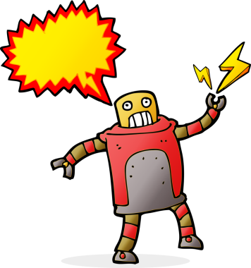 Bir insan tarafından çizilmiş konuşma balonu olan çizgi film robotu.