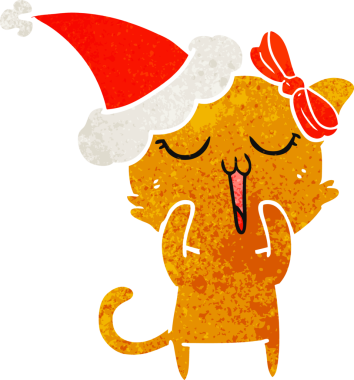 Bir insan tarafından çizilmiş Noel Baba şapkası takan bir kedinin retro karikatürü.