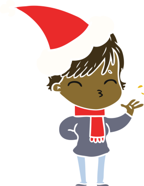 Bir insan tarafından çizilmiş Noel Baba şapkası takan bir kadının düz renkli çizimi.