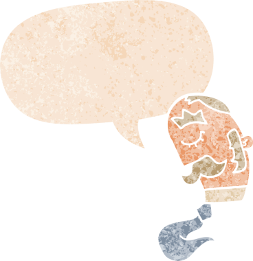 Bıyıklı bir çizgi film adamı grunge 'da konuşma baloncuğu olan sıkıntılı eski tarz bir insan tarafından çizilmiş.