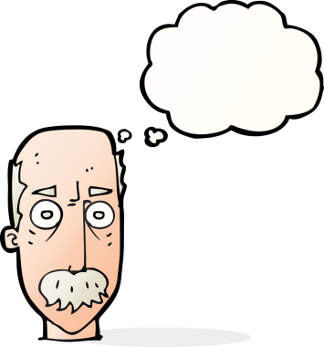 Bir insan tarafından çizilmiş düşünce baloncuklu bıyıklı çizgi film adamı.