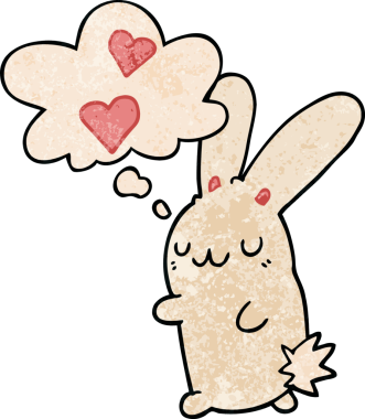 Çizgi film tavşanı, insan tarafından çizilmiş grunge dokusunda düşünce baloncuğuna aşık.