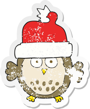 Bir insan tarafından çizilmiş noel şapkası giyen bir baykuşun gerilimli çıkartması.