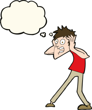 Bir insan tarafından çizilen düşünce baloncuğuyla panikleyen çizgi film adamı.