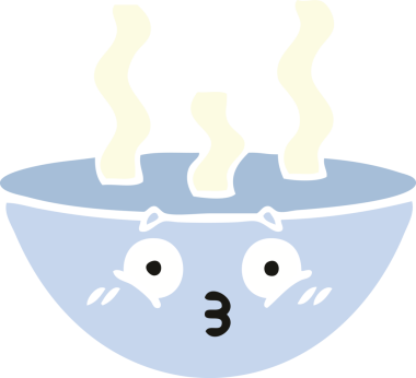 Bir insan tarafından çizilmiş sıcak çorba kasesinin düz renkli retro karikatürü