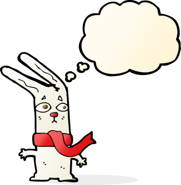 Bir insan tarafından çizilmiş düşünce kabarcığı olan çizgi film tavşanı.