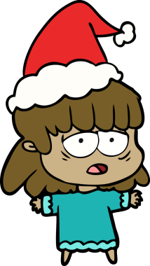 Bir insan tarafından çizilmiş Noel Baba şapkası giyen yorgun bir kadının el çizimi.