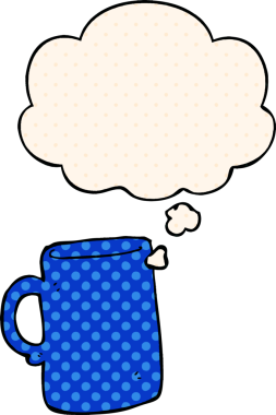 Bir insan tarafından çizilmiş, düşünce baloncuklu çizgi film kupası.