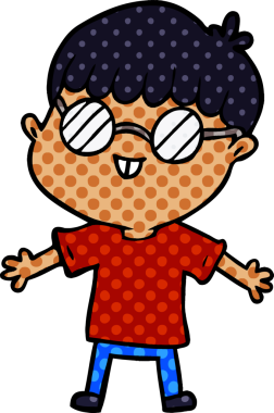 Bir insan tarafından çizilmiş gözlük takan çizgi film çocuğu.