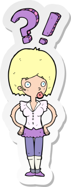 Bir insan tarafından çizilmiş sorular soran bir karikatür kadının çıkartması.