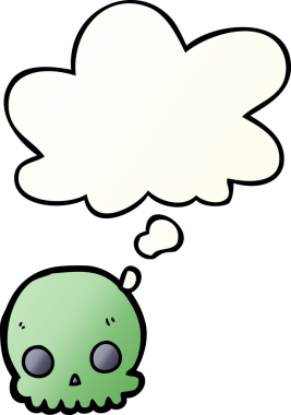 Bir insan tarafından çizilmiş, düşünce baloncuklu karikatür kafatası