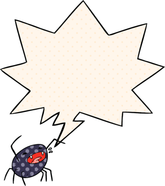 Bir insan tarafından çizilmiş çizgi roman tarzında konuşma balonu olan cadılar bayramı örümceği çizgi filmi.