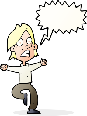 Bir insan tarafından çizilmiş konuşma baloncuğuyla panikleyen bir karikatür.